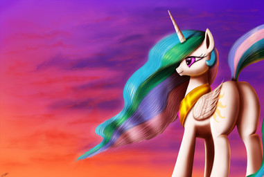 butt cutie_mark feathered_wings feathers female feral hair horn jewelry multicolored_hair necklace outside purple_eyes smile solo sunset wings jeki friendship_is_magic hasbro my_little_pony mythology princess_celestia_(mlp) equid equine mammal mythological_creature mythological_equine winged_unicorn