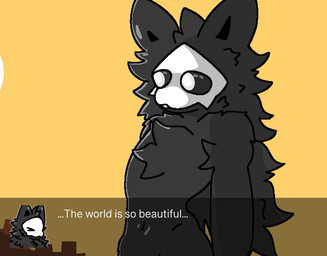anthro black_body black_fur dialogue fur hair latex liquid_latex long_hair looking_back male solo sunset view fallonheels changed_(video_game) puro puro_(changed) canid canine canis mammal wolf shaded