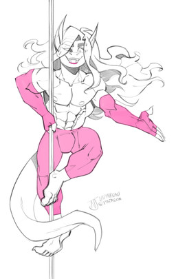 clothing dancing femboy gloves handwear legwear male muscular muscular_femboy pink_clothing pink_tights pole pole_dancing solo tights naughtyjester lizard reptile scalie hi_res