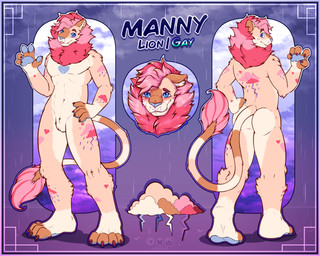 anthro blue_eyes blue_pawpads blush butt claws fur fur_markings heart_(marking) heart_symbol male mane markings multicolored_body multicolored_fur neck_tuft nude nude_anthro pawpads pink_body pink_fur pink_mane plantigrade plantigrade_pawpads solo tail tail_tuft teeth tongue tongue_out tuft aktiloth felid feline lion mammal pantherine 5:4 absurd_res hi_res model_sheet