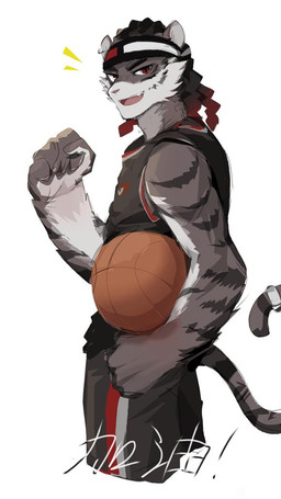 accessory anthro ball basketball_(ball) black_body black_coded black_fur clothing dreadlocks ear_piercing fur hair headband male multicolored_hair muscular muscular_male piercing red_eyes simple_background smile solo sportswear text tiger_wing two_tone_hair undressing white_background shabi96522 felid mammal pantherine tiger chinese_text translated