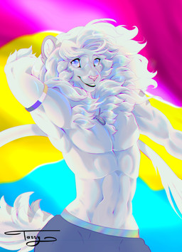 anthro clothed clothing flag flag_(object) fur lgbt_pride male mane nonbinary_pride_colors pansexual_pride_colors pride_color_accessory pride_colors smile solo stripes tail topless topless_anthro white_body white_fur tassy_(artist) lgbt_pride_month tass_(tassy) felid hybrid liger lion mammal pantherine tiger digital_media_(artwork) hi_res nonbinary_(lore)