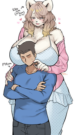 anthro big_breasts black_bottomwear black_clothing black_pants blue_clothing blue_shirt blue_topwear blush bottomwear breasts chest_tuft clothing colored_nails crossed_arms duo eyelashes female fur heart_symbol human_on_anthro interspecies larger_female male male/female nails pants pink_clothing pink_nails pink_topwear pupils shirt simple_background size_difference smaller_male smile topwear tuft white_background white_body white_fur suurin_2 canid canine human mammal absurd_res hi_res