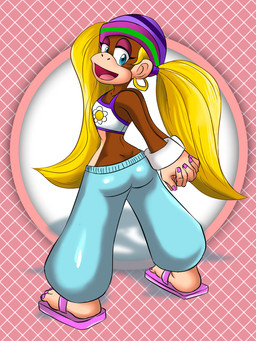 alternative_fashion amekaji anthro blonde_hair blue_eyes brown_body brown_fur butt butt_pose clothed clothing ear_piercing ear_ring eyeshadow feet female footwear fur ganguro_(fashion) gyaru hair hat headgear headwear hoop_ear_ring j-fashion jewelry long_hair makeup midriff open_mouth piercing pigtails pose rear_view ring_piercing sandals shoes solo toes y2k_(fashion) patylegs donkey_kong_(series) nintendo tiny_kong haplorhine kong mammal monkey primate 3:4 hi_res