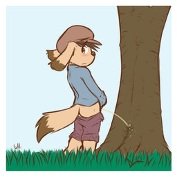 anthro blush bodily_fluids border bottomwear bottomwear_down brown_body brown_fur butt clothed clothing dipstick_tail fur genital_fluids grass green_eyes hat headgear headwear looking_at_viewer looking_back male male_peeing markings outside pants pants_down partially_clothed peeing peeing_on_tree plant shota solo standing tail tail_markings tan_body tan_fur tree urine urine_stream white_border young young_anthro young_male iztli canid canine canis domestic_dog mammal 1:1 2015 digital_media_(artwork) signature