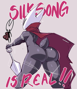 2_horns arthropod_abdomen biped black_body black_eyes butt cloak clothing exclamation_point female fingers heart_symbol holding_melee_weapon holding_object holding_weapon horn melee_weapon pink_text solo text thread weapon white_heart garpsand hollow_knight:_silksong hollow_knight_(franchise) team_cherry hornet_(hollow_knight) arthropod 2025 english_text