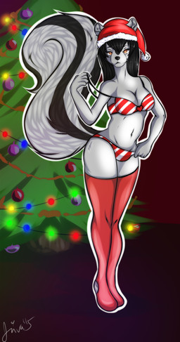 anthro breasts christmas_clothing christmas_headwear christmas_tree clothing fur gynomorph hat headgear headwear holidays inside intersex legwear lights lingerie markings plant santa_hat simple_background solo striped_markings striped_tail stripes tail tail_markings teasing thigh_highs tree white_body white_fur aciva_(artist) christmas mishaskunk_(character) mammal mephitid skunk hi_res