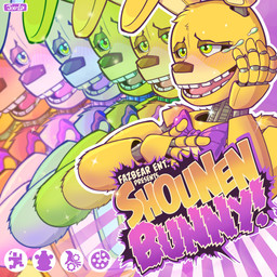 album_redraw ambiguous_gender anthro blush blush_lines bodily_fluids bow_tie fingers fur green_eyes hand_on_face machine smile solo sparkles sparkling_eyes tears text yellow_body yellow_fur joelalala five_nights_at_freddy's halley_labs lapfox_trax scottgames freddy_(fnaf) spring_bonnie_(fnaf) animatronic lagomorph mammal robot 1:1 2025 absurd_res digital_media_(artwork) hi_res