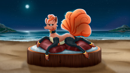 ambiguous_gender beach bed brown_body choker clothing digitigrade feral footwear furniture gloves_(marking) jewelry looking_at_viewer lying markings multi_tail necklace night on_front pillow quadruped side_view sky socks solo star tail tuft snipesbel nintendo pokemon generation_1_pokemon pokemon_(species) vulpix 16:9 2025 4k absurd_res digital_media_(artwork) hi_res widescreen