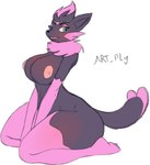 accessory anthro blue_eyes breasts female fur grey_body grey_fur hair hair_accessory hairpin heart_symbol heart_tail looking_at_viewer nipples pink_hair pokemorph sitting solo tail wide_hips artply nintendo pokemon zabrina_(afc) generation_5_pokemon pokemon_(species) zorua hi_res