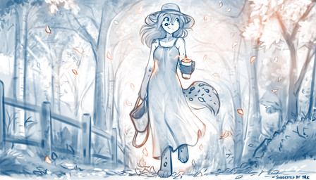 4_toes 5_fingers anthro autumn autumn_leaves bare_shoulders barefoot beverage biped breasts claws clothed clothed_anthro clothed_female clothing container cup digitigrade dress featureless_crotch feet female fence finger_claws fingers forest fur hair hat headgear headwear holding_bag holding_beverage holding_container holding_cup holding_mug holding_object markings mug outside plant smile solo spots spotted_body spotted_fur spotted_markings spotted_tail tail tail_markings toe_claws toes translucent translucent_clothing translucent_dress tree walking conditional_dnp tom_fischbach twokinds kathrin_vaughan canid canine felid hybrid keidran mammal pantherine 2025 7:4 digital_drawing_(artwork) digital_media_(artwork) hi_res monochrome sketch spot_color