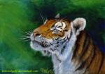 abstract_background acrylic_painting_(artwork) ambiguous_gender bust_portrait felid feral fur green_background kotenokgaff mammal painting_(artwork) pantherine portrait side_view simple_background solo stripes tiger traditional_media_(artwork) whiskers