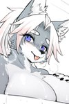 anthro big_breasts black_nose blep bodily_fluids breasts cheek_tuft chest_tuft claws facial_tuft female female_anthro fingers fur grey_body grey_fur hair hand_on_breast inner_ear_fluff kemono long_hair looking_at_viewer nipples pink_tongue purple_eyes simple_background solo steam sweat tongue tongue_out tuft water wet white_body white_fur white_hair ookamiwaho okami_bark canid canine canis mammal wolf 2:3 digital_media_(artwork) hi_res