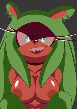 anthro areola big_breasts black_body black_fur black_nose blue_eyes breasts brown_areola brown_nipples ear_piercing facial_markings female front_view fur green_body green_fur grey_background head_markings looking_at_viewer markings nipple_piercing nipples nude open_mouth open_smile piercing sharp_teeth simple_background smile solo tan_body tan_fur teeth null_abyss idw_publishing sega sonic_the_hedgehog_(comics) sonic_the_hedgehog_(idw) sonic_the_hedgehog_(series) surge_the_tenrec afrosoricid mammal tenrec hi_res