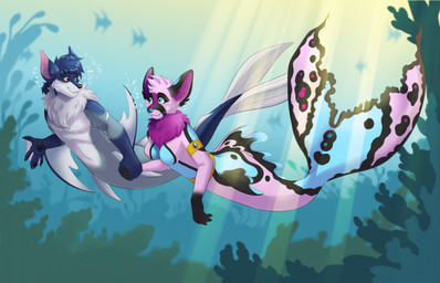 ambiguous_gender anthro blue_body blue_clothing blue_topwear bottomless breasts bubble clothed clothing countershading duo eye_contact female grey_body grey_countershading hair light light_beam looking_at_another multicolored_body plant purple_body purple_hair split_form sunbeam sunlight swimming topwear underwater water elke_(artist) jones_destroyer aquatic bat canid canine fox hybrid mammal merfolk 14:9 2026 hi_res nonbinary_(lore)