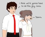 2024 anthro beastars bottomwear brown_hair canid canine canis chipepper_(artist) clothing colored dialogue digital_media_(artwork) duo english_text female fur grey_background hair hand_on_shoulder hi_res human i_think_we're_gonna_have_to_kill_this_guy joe_hawley juno_(beastars) lips male male/female mammal meme necktie pants rolled_up_sleeves shirt simple_background tally_hall text topwear uniform white_clothing white_shirt white_shirt_collar white_topwear wolf