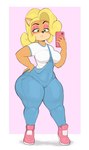 aged_up anthro biped blonde_hair breasts cellphone clothed clothing denim denim_clothing denim_overalls electronics eyelashes eyeshadow female footwear fully_clothed green_eyes hair hand_on_hip holding_cellphone holding_object holding_phone long_hair makeup narrowed_eyes overalls phone pupils shoes simple_background solo thick_thighs wide_hips usnarbit activision crash_bandicoot_(series) coco_bandicoot bandicoot mammal marsupial 2023 absurd_res hi_res