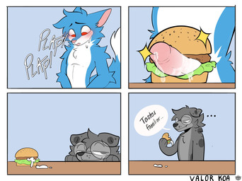 ambiguous_gender anthro arm_tuft blue_body blue_fur bodily_fluids burger cheek_tuft cum cum_in_food cum_on_food dialogue duo eating eating_food elbow_tuft ellipsis erection eyewear facial_tuft floppy_ears food food_fetish food_penetration food_play fur genital_fluids genitals glans glasses grey_body grey_fur head_tuft humanoid_genitalia humanoid_penis improvised_sex_toy long_tail male markings onomatopoeia penis penis_in_food penis_on_food pointy_ears shoulder_tuft smug sound_effects tail text tuft valorkoa jay-r_(character) canid canine canis mammal wolf 2025 comic digital_media_(artwork) english_text hi_res