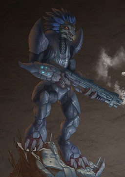 3_fingers 3_toes anthro armor beak blue_body blue_feathers claws clothing digitigrade exposed_toes feather_hair feathered_crest feathers feet finger_claws fingers footwear grey_body grey_scales gun head_crest holding_gun holding_object holding_ranged_weapon holding_shotgun holding_weapon male pseudo_hair pupils ranged_weapon scales scuted_hands scutes sharp_teeth shotgun slit_pupils smoking_gun solo standing stencil teeth toe_claws toeless_footwear toes unsc weapon yellow_eyes thalla halo_(series) microsoft xbox_game_studios alien avian kig-yar scalie t'vaoan colored hi_res