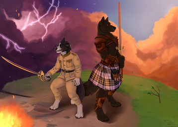 anthro digitigrade duo electricity fire lightning male melee_weapon musc open_mouth standing sword weapon themutt border_collie canid canine canis collie domestic_dog herding_dog mammal pastoral_dog sheepdog wolf hi_res