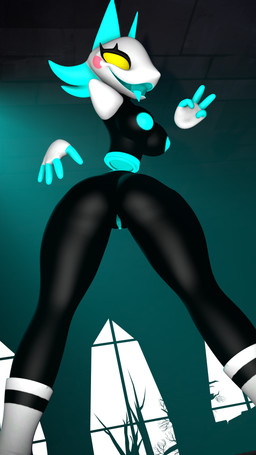 4_fingers anthro blue_nipples blue_vulva breasts female fingers genitals gesture hand_gesture machine nipples smile solo tongue tongue_out v_sign vulva yellow_eyes tigerlovedog voidwillow_(modeler) deltarune undertale_(series) tasque_manager darkner felid mammal robot 2021 3d_(artwork) 4k 9:16 absurd_res digital_media_(artwork) hi_res huge_filesize