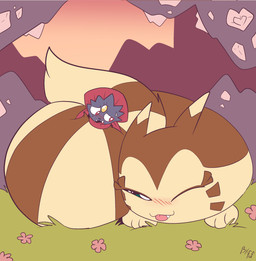 ambiguous_gender anthro black_body black_nose blush blush_lines brown_body cuddling cute_fangs day duo fangs feral flower fluffy fluffy_tail forehead_gem gem grass larger_ambiguous larger_feral looking_at_another lying lying_on_ground macro multicolored_body on_front on_ground one_eye_closed open_mouth outside plant quadruped size_difference smaller_ambiguous smaller_anthro tail tan_body teeth tongue tongue_out two_tone_body worried fuf nintendo pokemon furret generation_2_pokemon generation_4_pokemon pokemon_(species) weavile 2019 hi_res