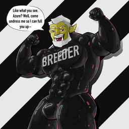 barazoku breeder chest_tuft clothing dialogue green_body hairy latex latex_clothing latex_skinsuit male muscular nipples purple_eyes simple_background skinsuit smile solo text tight_clothing tuft sillyshinies torug_(pupblueslut) orc 1:1 2026 english_text hi_res
