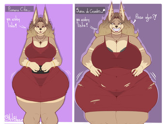 5_fingers anthro before_and_after belly big_breasts black_nose bra bracelet breasts cleavage clothed clothing cross cross_necklace curvy_figure dialogue digit_ring dress ear_piercing eyebrows eyelashes female fingers hair handbag hands_on_hips holding_handbag huge_breasts inner_ear_fluff jewelry legs_together long_hair necklace overweight overweight_female piercing red_clothing red_dress ring smile solo standing teeth text thick_thighs thong torn_clothing translucent translucent_clothing tuft twitter_handle underwear voluptuous wedding_ring weight_gain wide_hips bleez_art arely_(bleez_art) canid canine canis dobermann domestic_dog mammal pinscher 2026 4:3 artist_name hi_res spanish_text translated