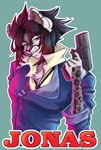 anthro black_hair blue_clothing blue_eyes blue_jacket blue_topwear brown_inner_ear_fluff cigarette cigarette_in_mouth clothed clothing collared_shirt cosplay ear_piercing ear_ring eyebrow_piercing facial_piercing fur grey_body grey_fur gun hair handgun highlights_(coloring) holding_gun holding_handgun holding_object holding_pistol holding_ranged_weapon holding_weapon humanoid_hands inner_ear_fluff jacket leopard_spots looking_at_viewer male object_in_mouth outline piercing pistol ranged_weapon red_highlights red_text ring_piercing simple_background snout solo spots teal_background text topwear tuft weapon white_outline onigiriad cowboy_bebop spike_spiegel felid mammal pantherine snow_leopard 2022 character_badge_(artwork) character_name clip_studio_paint_(artwork) digital_drawing_(artwork) digital_media_(artwork) half-length_portrait portrait shaded soft_shading