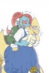 anthro big_breasts bite blush breast_grab breast_squish breasts clothed clothing duo eye_patch eyewear female female/female glasses hair hand_on_breast neck_bite nibbling non-mammal_breasts open_mouth red_hair simple_background squish standing text nam undertale undertale_(series) alphys undyne fish lizard marine reptile scalie 2017