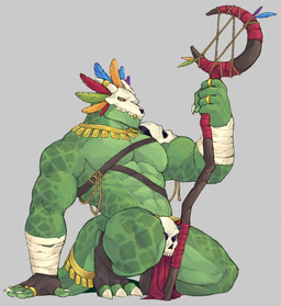 abs accessory anthro biped bone bone_mask claws clothing finger_claws fingerless_gloves furgonomics gloves green_body handwear holding_object holding_staff jewelry kneeling looking_at_viewer male mask muscular muscular_anthro muscular_male necklace pecs ring simple_background skull skull_mask solo staff tail tail_accessory toe_claws white_background yellow_eyes expired_butter terraria witch_doctor_(terraria) lihzahrd lizard reptile scalie 2024 digital_media_(artwork) hi_res
