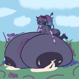 animal_print anthro big_breasts bikini bikini_bottom bodily_fluids boots breast_expansion breasts bulge clothing cow_print expansion footwear gloves gynomorph handwear heart_tail high_heeled_boots high_heels huge_breasts hyper hyper_breasts immobile intersex lactating lactating_through_clothing legwear lying lying_on_breasts lying_on_own_breasts on_front shoes stockings swimwear tail two-piece_swimsuit wet wet_clothing nokamiwd demon demon_humanoid humanoid 1:1 absurd_res hi_res