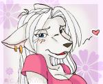 anthro black_nose blue_eyes blush breasts cleavage clothed clothing female fur hair heart_symbol open_mouth solo white_body white_fur white_hair cherushi kumori_(cheru) canid canine canis mammal wolf 2007