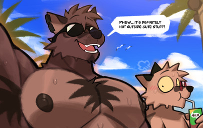 anthro barazoku beach beverage big_muscles big_pecs blush bodily_fluids brown_body brown_fur brown_nipples cloud cloudy_sky coconut_tree dialogue duo ear_piercing eyewear fangs fruit_tree fur hair juice_(beverage) looking_aside looking_at_chest male multicolored_body multicolored_fur muscular muscular_male nipples outside palm_tree pecs piercing plant shirtless_male sky speech_bubble standing sunglasses sweat tan_body tan_fur teeth term_of_endearment text tree two_tone_body two_tone_fur yellow_sclera rygel_spkb milo_(rygel_spkb) yoby_(rygel_spkb) ambient_bird canid canine canis mammal wolf comic english_text hi_res