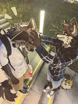 anthro bottomwear brown_body brown_bottomwear brown_clothing brown_fur brown_shorts closed_smile clothed clothed_anthro clothing denim denim_bottomwear denim_clothing denim_shorts detailed_background duo eyes_closed footwear fur high-angle_view holding_bag inner_ear_fluff light male male/male male_anthro mouth_closed multicolored_body multicolored_ears multicolored_fur multicolored_tail narrowed_eyes open_mouth open_smile outside petting photo_background shirt shoes shorts side_view smile tail tan_body tan_fur three-quarter_view topwear tuft white_body white_clothing white_fur white_shirt white_topwear randitawu randitawu_(randitawu) canid canine mammal 3:4 absurd_res digital_drawing_(artwork) digital_media_(artwork) draw_over full-length_portrait hi_res lighting mixed_media photography_(artwork) portrait