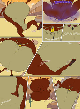 3_toes anthro belly belly_expansion body_inflation brown_body butt butt_shot cactus desert expansion falling feet full_foot_pawpads full_pad growth growth_sequence humanoid_heel hyper hyper_inflation inflation macro_anthro male pecs_growth perfume_bottle plant plantigrade soles solo spray toes toony yellow_sclera greggrth looney_tunes warner_brothers wile_e._coyote canid canine canis coyote mammal comic hi_res