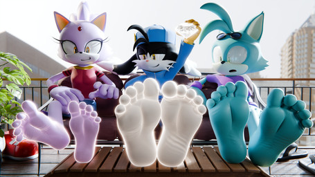 5_toes anthro bare_legs barefoot black_body black_fur clothed clothing eyewear eyewear_on_head feet female foot_focus fur group hat headgear headwear humanoid_feet male plantigrade purple_body sandals_removed shoes_removed soles sunglasses sunglasses_on_head toes wearing_sunglasses wrinkled_feet wrinkles feetymcfoot bandai_namco klonoa_(series) sega sonic_the_hedgehog_(series) blaze_the_cat klonoa leo_(feetymcfoot) domestic_cat felid feline felis mammal 16:9 3d_(artwork) 4k absurd_res digital_media_(artwork) hi_res widescreen