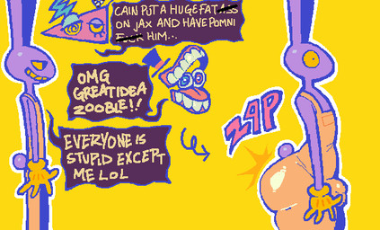 4_fingers anthro belly big_butt bottom_heavy bulge butt butt_expansion censored_text detailed_bulge directional_arrow expansion fingers group imminent_sex male pear-shaped_figure speech_bubble standing surprised thick_thighs thigh_expansion trio wide_hips zapped gomikusatta glitch_productions the_amazing_digital_circus caine_(tadc) jax_(tadc) zooble_(tadc) digital_creature humanoid lagomorph leporid living_toy mammal mouth_creature rabbit nonbinary_(lore)