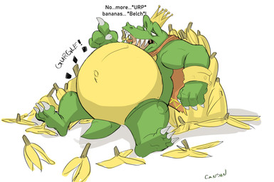 4_fingers 4_toes anthro banana belly biceps big_belly biped bodily_noises bottomless bracelet burping cape cape_only claws clothed clothing crown derived_sound_effect dialogue dialogue_with_sound_effects different_sound_effects digestion fangs featureless_crotch feet finger_claws fingers food fruit gesture gold_(metal) gold_bracelet gold_jewelry green_body green_scales hand_gesture headgear interrupted_by_reaction interrupted_speech jewelry king lying male mostly_nude musclegut muscular muscular_anthro muscular_male narrowed_eyes navel obese obese_anthro obese_male on_back onomatopoeia open_mouth outie_navel overweight overweight_anthro overweight_male pecs plant plantigrade pointing royalty rumbling_stomach scales sharp_teeth simple_background snout solo sound_effects spread_legs spreading stuffing teeth text toe_claws toes tongue topless uvula weight_gain white_background white_claws canson donkey_kong_(series) nintendo king_k._rool crocodile crocodilian kremling reptile scalie 2019 digital_media_(artwork) english_text hi_res signature
