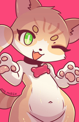 anthro black_nose bone_tag collar collar_tag featureless_chest featureless_crotch female fur green_eyes looking_at_viewer markings navel nude nude_anthro nude_female one_eye_closed open_mouth orange_body orange_fur pawpads pink_background pink_pawpads ring_(marking) ringed_tail simple_background solo standing striped_markings striped_tail stripes tail tail_markings tan_body tan_fur wearing_collar wink winking_at_viewer annmaren thedeirdre96 domestic_cat felid feline felis mammal colored digital_drawing_(artwork) digital_media_(artwork) english_description hi_res