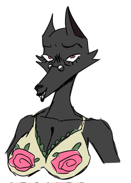 anthro bare_shoulders big_breasts black_body black_breasts black_ears black_eyebrows black_eyewear black_fur black_glasses black_lips black_nose blush blush_lines bra breasts cheek_tuft cleavage clothed clothed_anthro clothed_female clothing collarbone curved_eyebrows dark_body dark_fur eyebrows eyelashes eyewear facial_tuft female floral_print fur fur_tuft glasses iris lips long_eyelashes looking_at_viewer mature_anthro mature_female monotone_background monotone_body monotone_fur multicolored_bra multicolored_clothing multicolored_underwear pince-nez pink_eyes pointy_ears prick_ears print_bra print_clothing print_underwear pupils sharp_teeth simple_background smile smiling_at_viewer snout solo teeth three-quarter_view tuft underwear wearing_glasses white_background white_sclera chszan_chan canid canine canis mammal wolf 2025 bust_portrait digital_drawing_(artwork) digital_media_(artwork) hi_res portrait