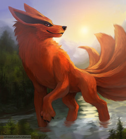 9_tails ambiguous_gender claws feral finger_claws forest fur macro multi_tail orange_body orange_fur plant quadruped river solo tail tree water conditional_dnp danza naruto patreon kurama canid canine fox fox_spirit mammal 2022 hi_res