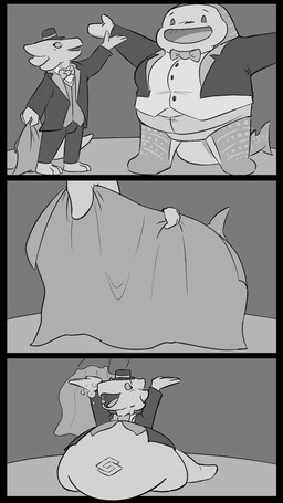 3_panel_comic anthro belly big_belly bow_tie burp_bubble clothing duo female hat headgear headwear male male/female oral_vore panel_interaction prehensile_tail suit tail vore nommsalotl amphibian aquatic axolotl carpet_shark fish mole_salamander salamander shark whale_shark 4k 9:16 absurd_res comic hi_res monochrome