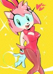 accessory bow_ribbon breasts cleavage clothed clothing female fur gloves green_eyes hands_behind_back handwear headband heart_symbol legwear leotard pantyhose pink_body pink_fur red_clothing red_leotard solo gwenimaru sega sonic_the_hedgehog_(series) amy_rose eulipotyphlan hedgehog mammal absurd_res hi_res