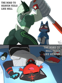 anthro biceps blush bodily_fluids collar duo exercise female male muscular muscular_female spiked_collar spikes sweat text vape weightlifting workout arzy_parzy monster_energy nintendo pokemon generation_4_pokemon generation_7_pokemon generation_9_pokemon litten lucario meowscarada pokemon_(species) 3:4 comic english_text hi_res