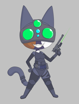anthro armor body_armor bodysuit boots breasts clothed clothing female footwear grey_armor grey_background grey_body gun hand_on_hip handgun headgear headwear holding_object holding_weapon knee_pads night_vision_goggles pistol ranged_weapon shoes simple_background skinsuit smile solo standing tail tight_clothing toothy_grin weapon gooblie_2 calico_cat domestic_cat felid feline felis mammal absurd_res hi_res