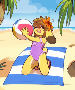 accessory anthro ball beach beach_ball beach_towel black_markings brown_hair buckteeth camel_toe clothed clothing day dipstick_ears ear_markings female flower flower_in_hair footwear fur hair hair_accessory holding_ball holding_object inflatable kneeling looking_at_viewer markings multicolored_ears one-piece_swimsuit open_mouth open_smile outside palm_tree plant sand sandals scut_tail seaside shoes short_hair short_tail smile solo swimwear tail teeth tongue towel tree yellow_body yellow_fur young young_anthro young_female piddlepuss cherish_heart lagomorph leporid mammal rabbit 2026 absurd_res hi_res