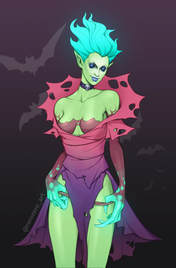 blue_eyes bra breasts brown_bra brown_clothing brown_panties brown_underwear choker clothing dress eyelashes eyeshadow female green_body green_hair green_sclera hair humanoid_pointy_ears jewelry lipstick looking_at_viewer makeup necklace panties pink_clothing pink_dress pointy_ears purple_background purple_clothing purple_dress purple_eyeshadow purple_lipstick simple_background smile solo underwear undressing rerorero_art dota valve valve_corporation krobelus_the_death_prophet ghost humanoid spirit undead absurd_res hi_res