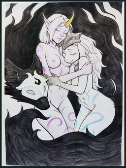 after_sex anthro breasts female female/female group head_on_breast horn hug male male/female mask mask_off pointy_ears sleeping smile trio ritsuxz league_of_legends riot_games tencent kindred_(lol) lamb_(lol) soraka wolf_(lol) bovid canid canine canis caprine horned_humanoid humanoid mammal sheep wolf 3:4