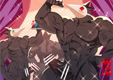 abs biceps black_body blush genitals group male mask muscular nipples nude pecs penis platter pose quads sex_toy sparkles trio vein veiny_penis nikuo deltarune tenga undertale_(series) avian darkner swatchling